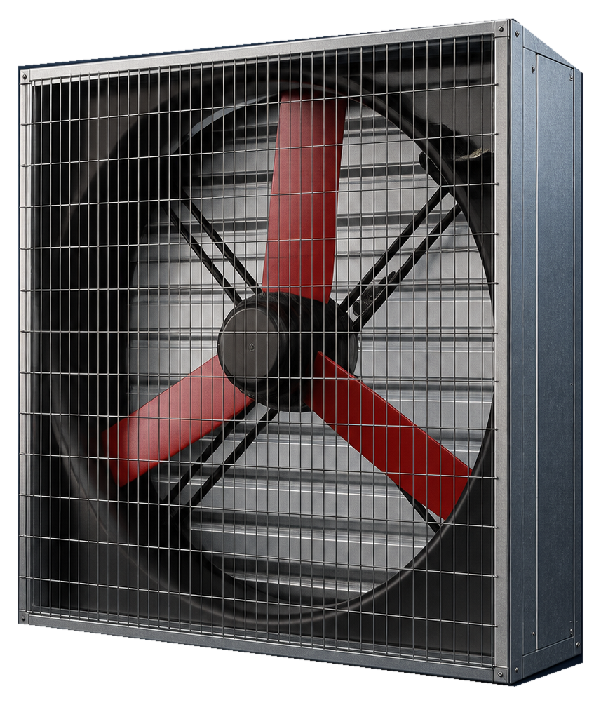 Three blade industrial exhaust fan shown in a three quarter product view