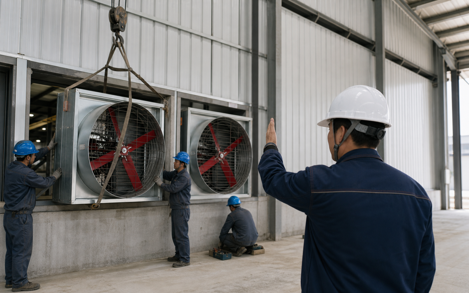 Technicians directing industrial fan installation