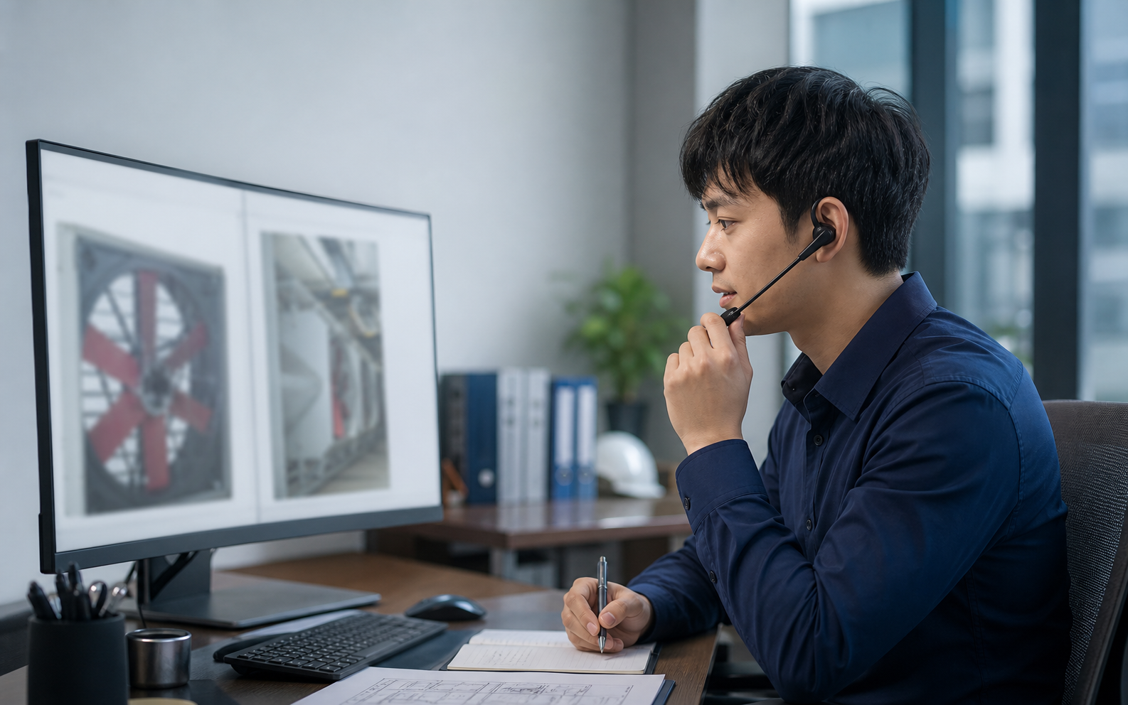 Industrial equipment service coordinator on a call